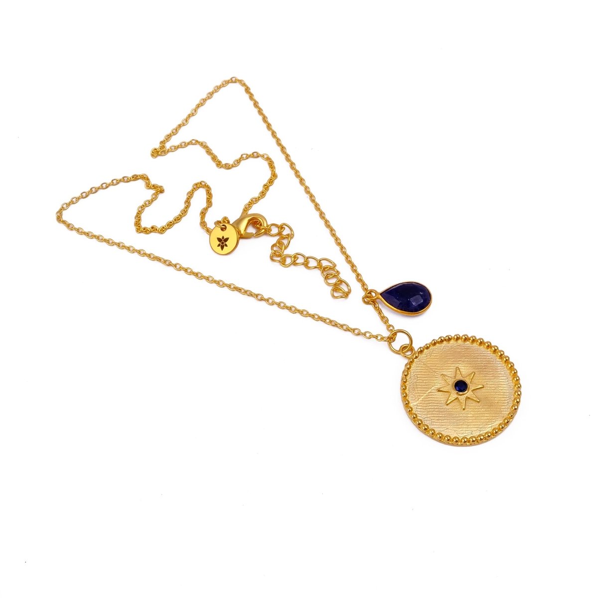 Textured Gold Coin Necklace with Dyed Blue Sapphire Drop Charm | Celestial Jewelry 5318