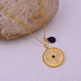 Textured Gold Coin Necklace with Dyed Blue Sapphire Drop Charm | Celestial Jewelry 5318