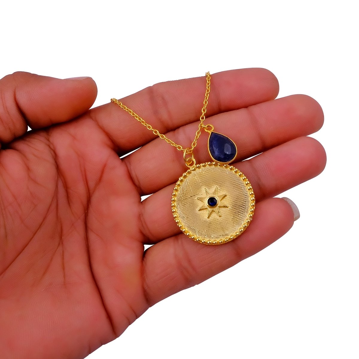Textured Gold Coin Necklace with Dyed Blue Sapphire Drop Charm | Celestial Jewelry 5318