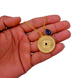 Textured Gold Coin Necklace with Dyed Blue Sapphire Drop Charm | Celestial Jewelry 5318