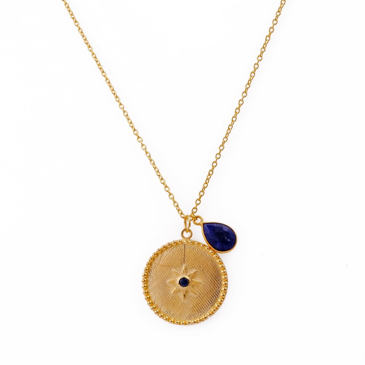 Textured Gold Coin Necklace with Dyed Blue Sapphire Drop Charm | Celestial Jewelry 5318