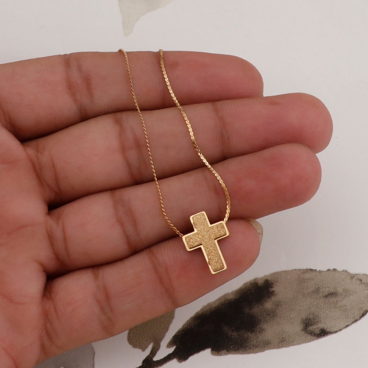 Textured Gold Cross Necklace – Dainty Christian Pendant Chain