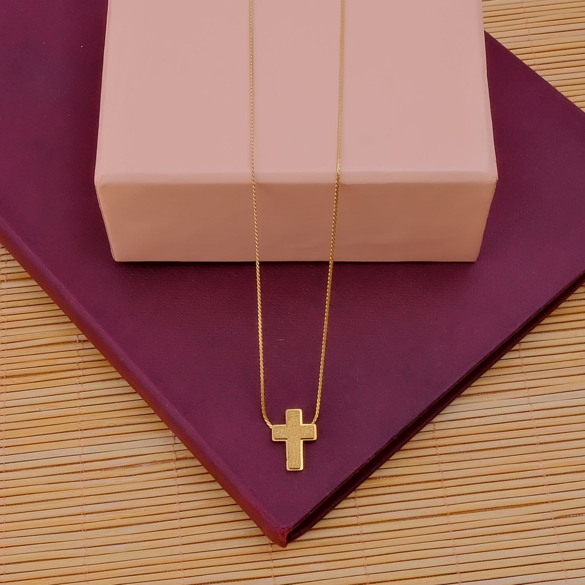 Textured Gold Cross Necklace – Dainty Christian Pendant Chain