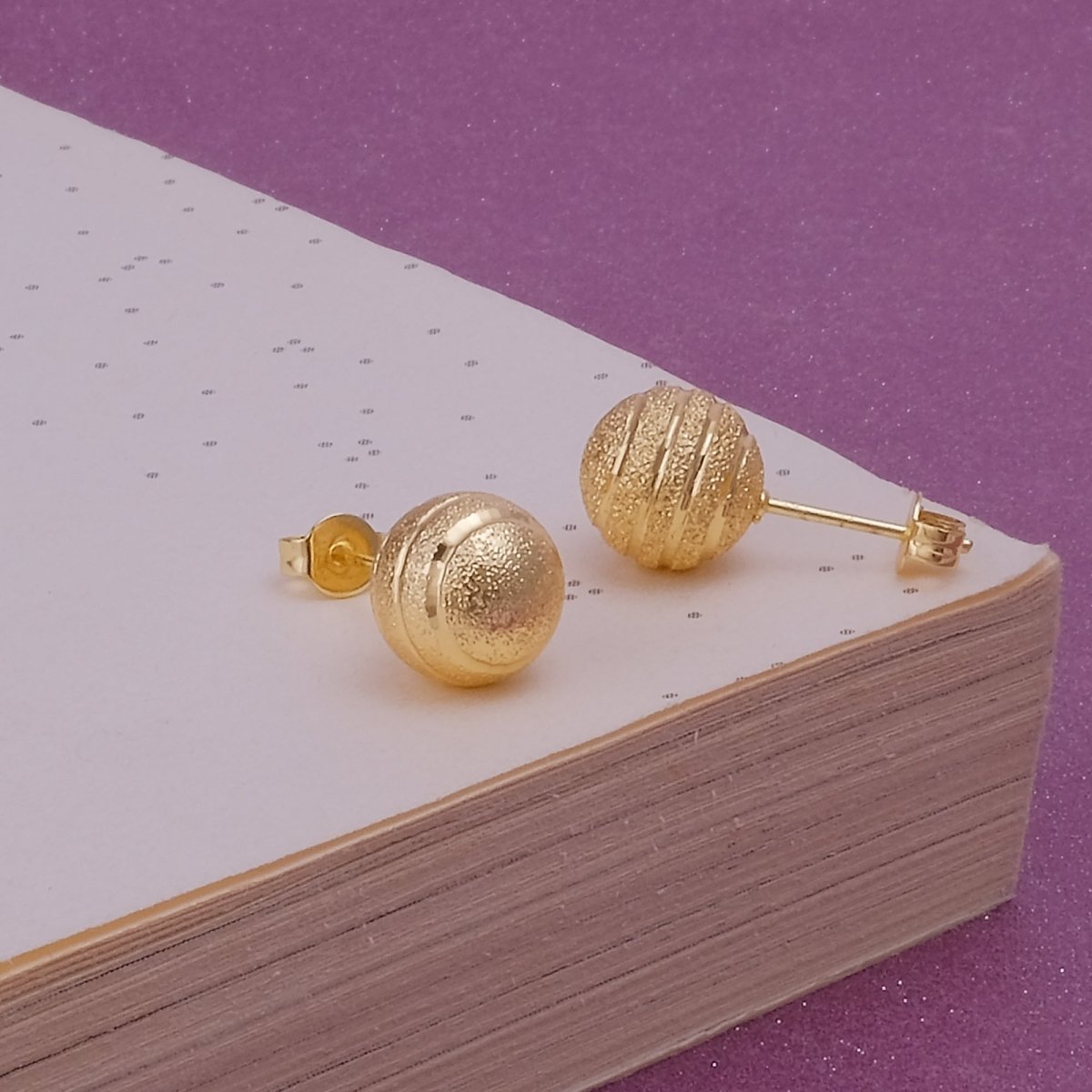 Textured Gold Plated Ball Stud Earrings Matte Finish Round Studs