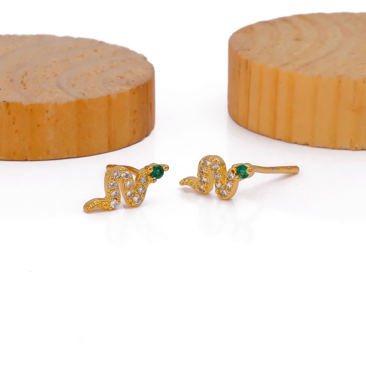 Tiny Snake Earrings Cubic Zircon and Green Emerald Gemstone Earrings Gold Plated Jewelry