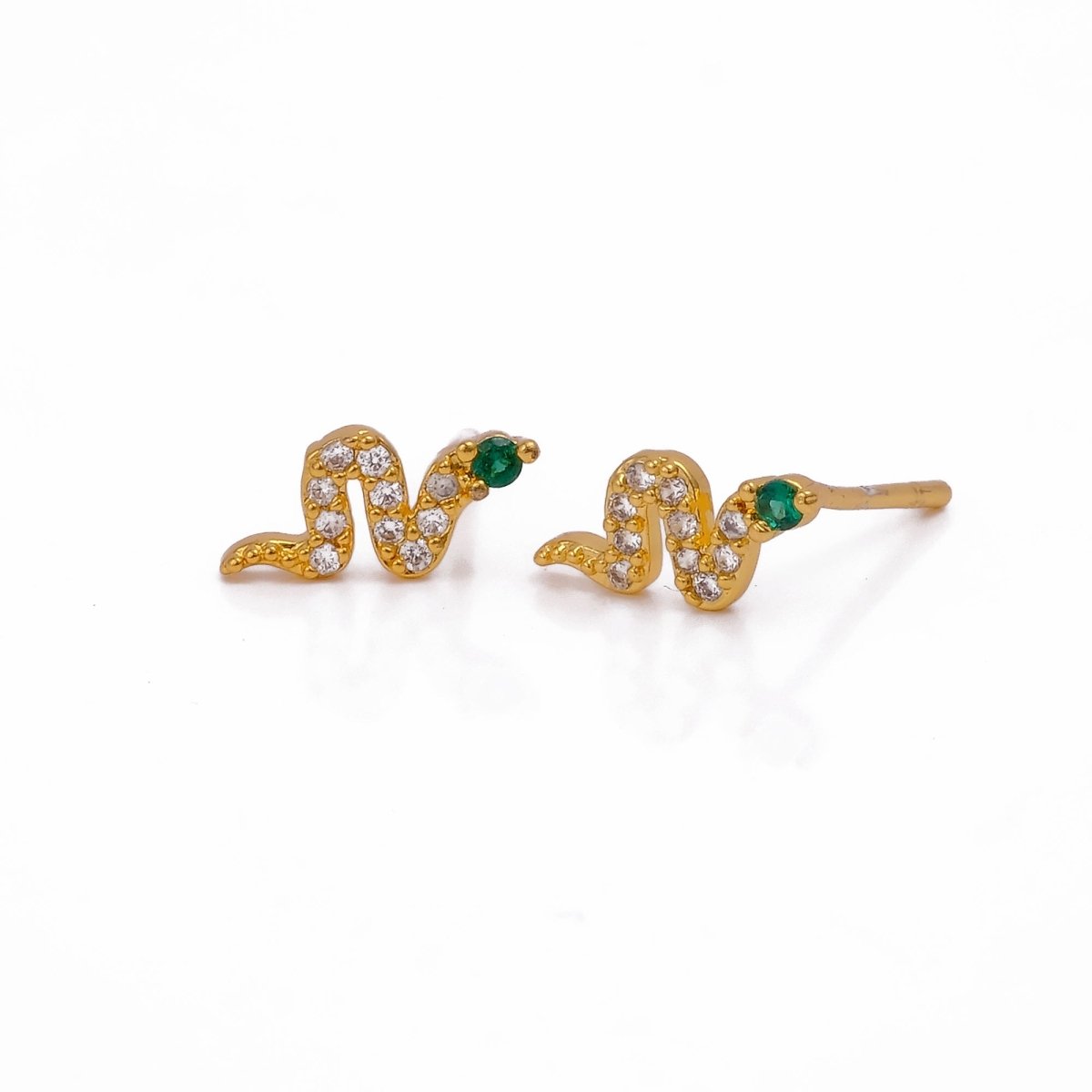 Tiny Snake Earrings Cubic Zircon and Green Emerald Gemstone Earrings Gold Plated Jewelry