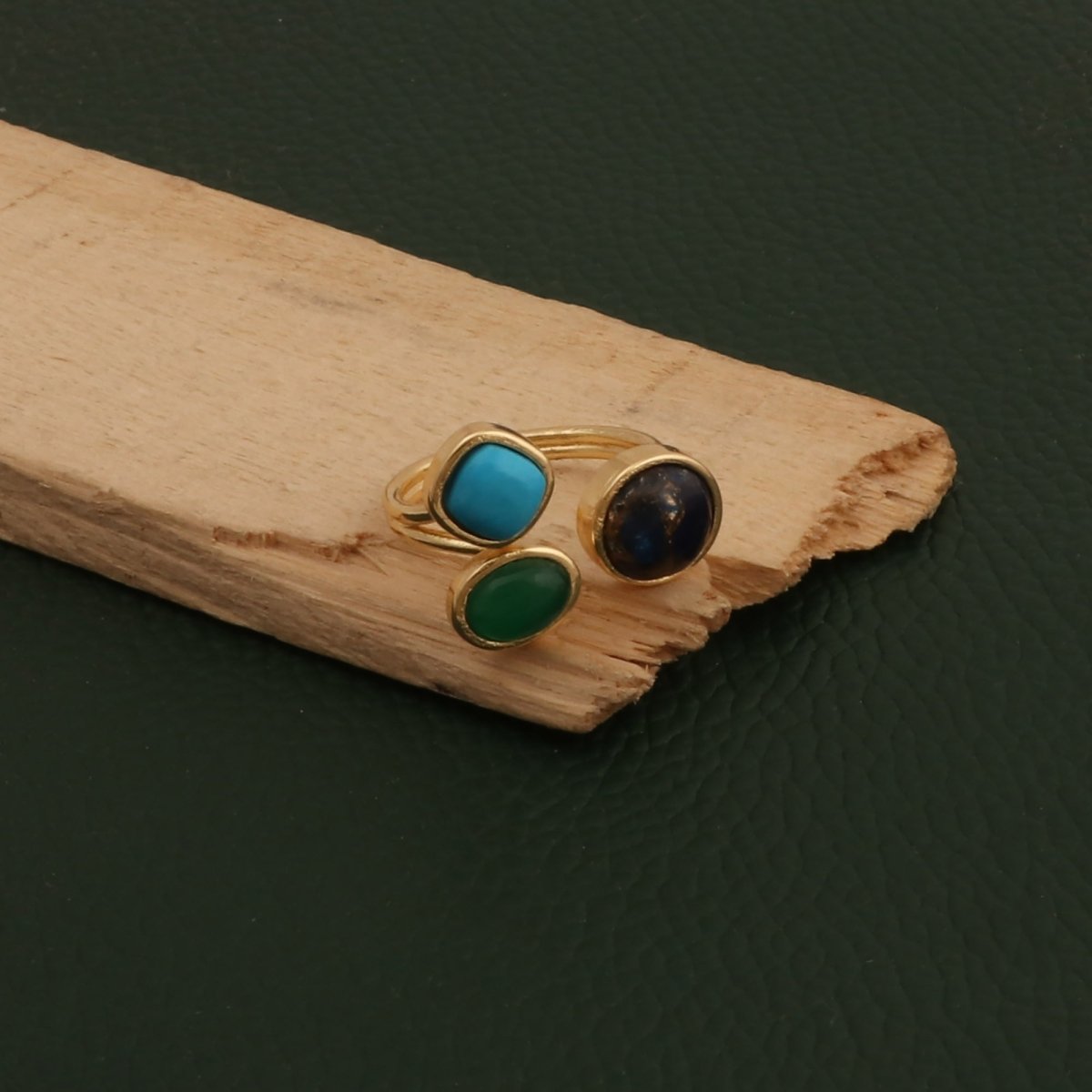 Triple Gemstone Ring, Handmade Gold Open Ring, Minimalist Jewelry CR - 1017