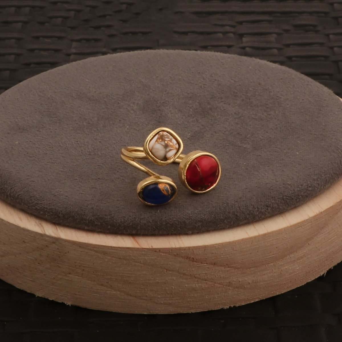 Triple Gemstone Ring, Handmade Gold Open Ring, Minimalist Jewelry CR - 1017