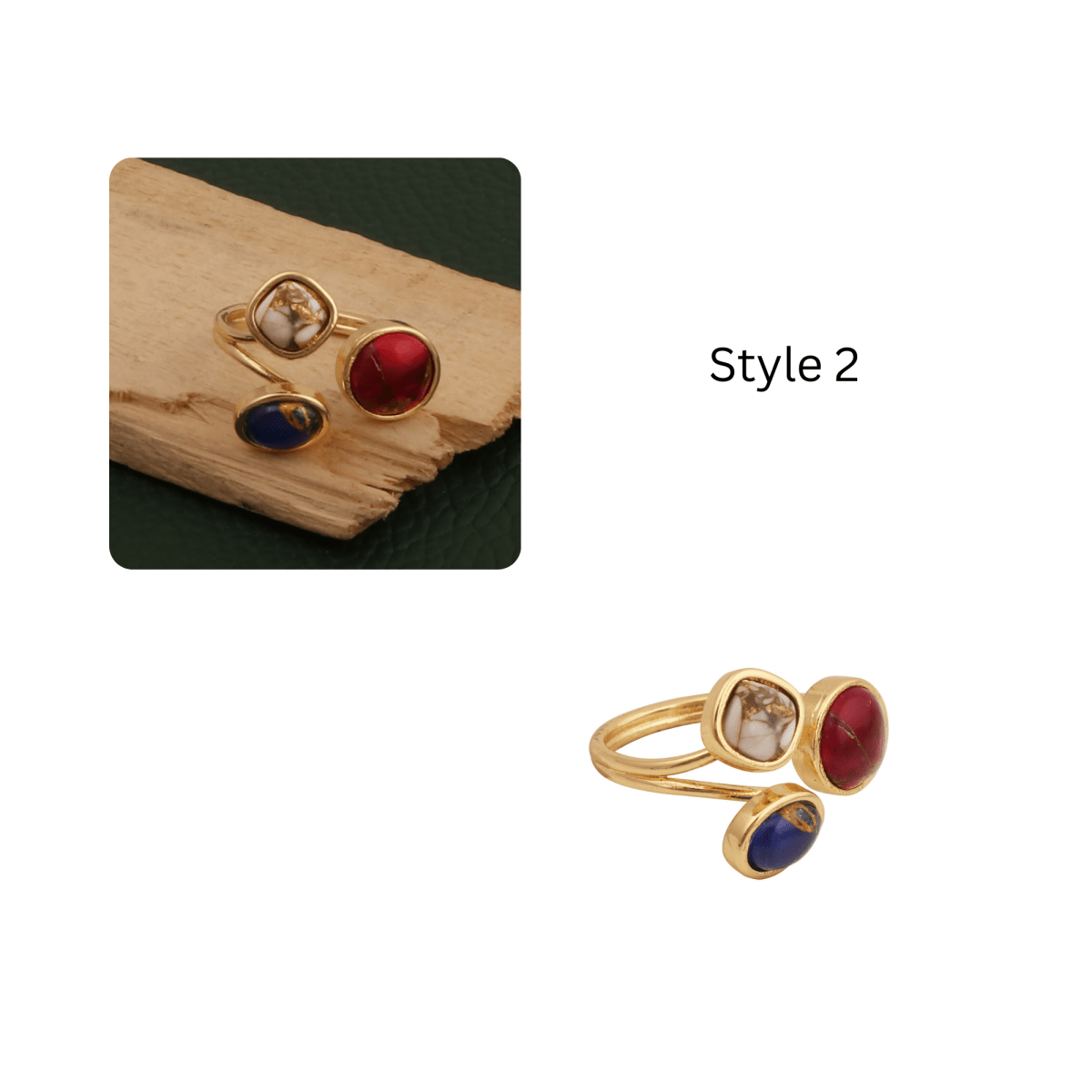 Triple Gemstone Ring, Handmade Gold Open Ring, Minimalist Jewelry CR - 1017