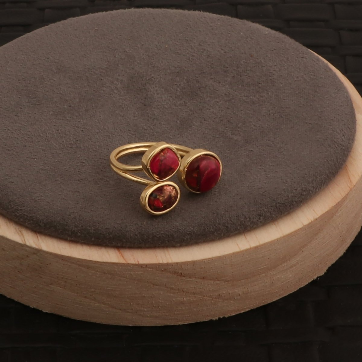 Triple Gemstone Ring, Handmade Gold Open Ring, Minimalist Jewelry CR - 1017
