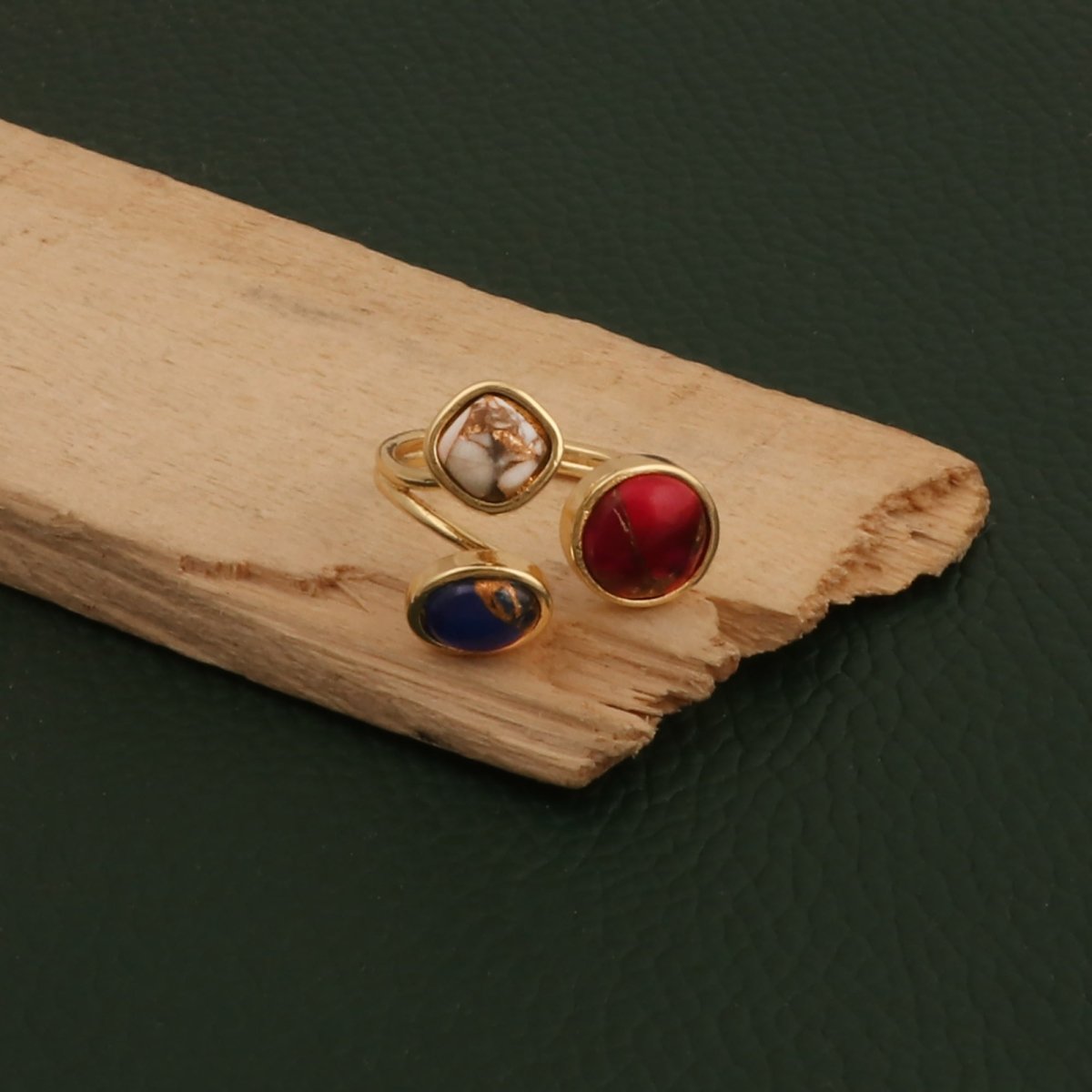 Triple Gemstone Ring, Handmade Gold Open Ring, Minimalist Jewelry CR - 1017