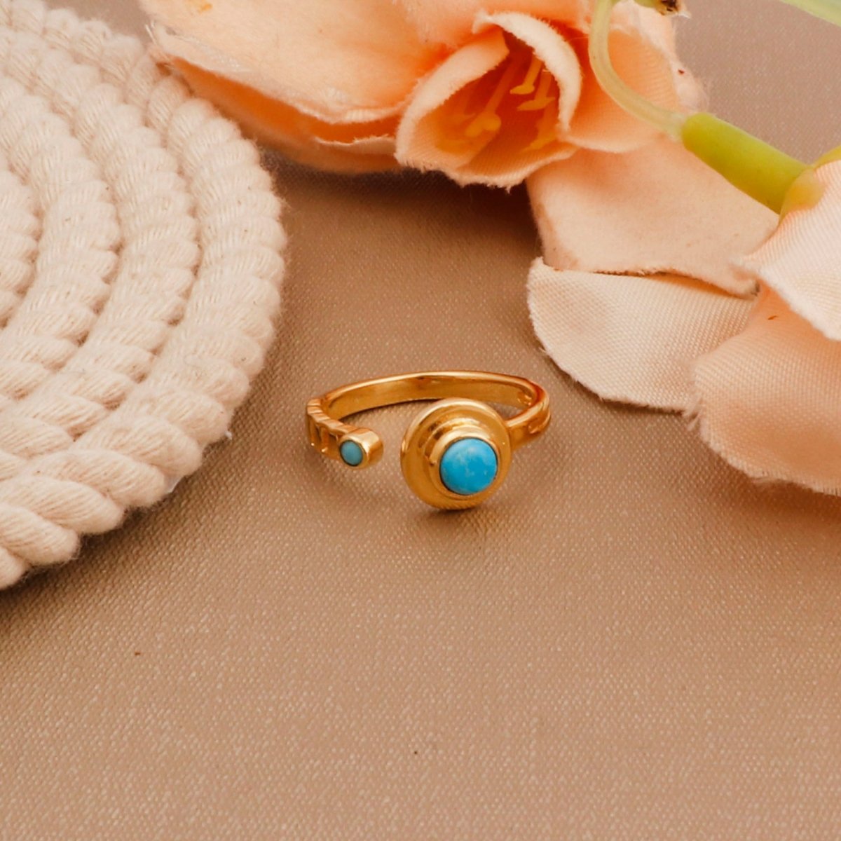 Turquoise Double Stone Ring Open Bypass Gold Plated Adjustable Ring