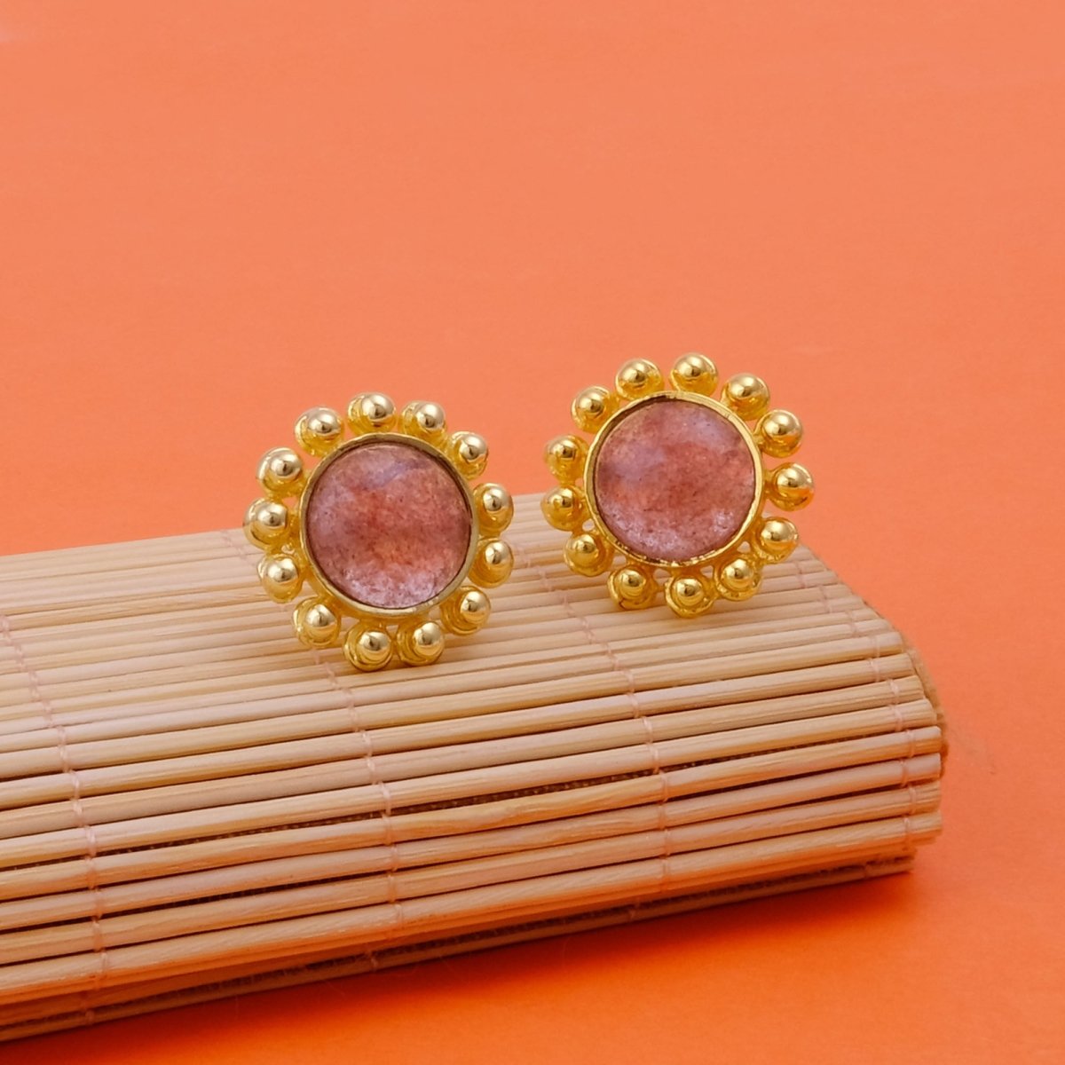 Turquoise Gemstone Earring, Gold Plated Earring, Flower Design Earring Strawberry Quartz