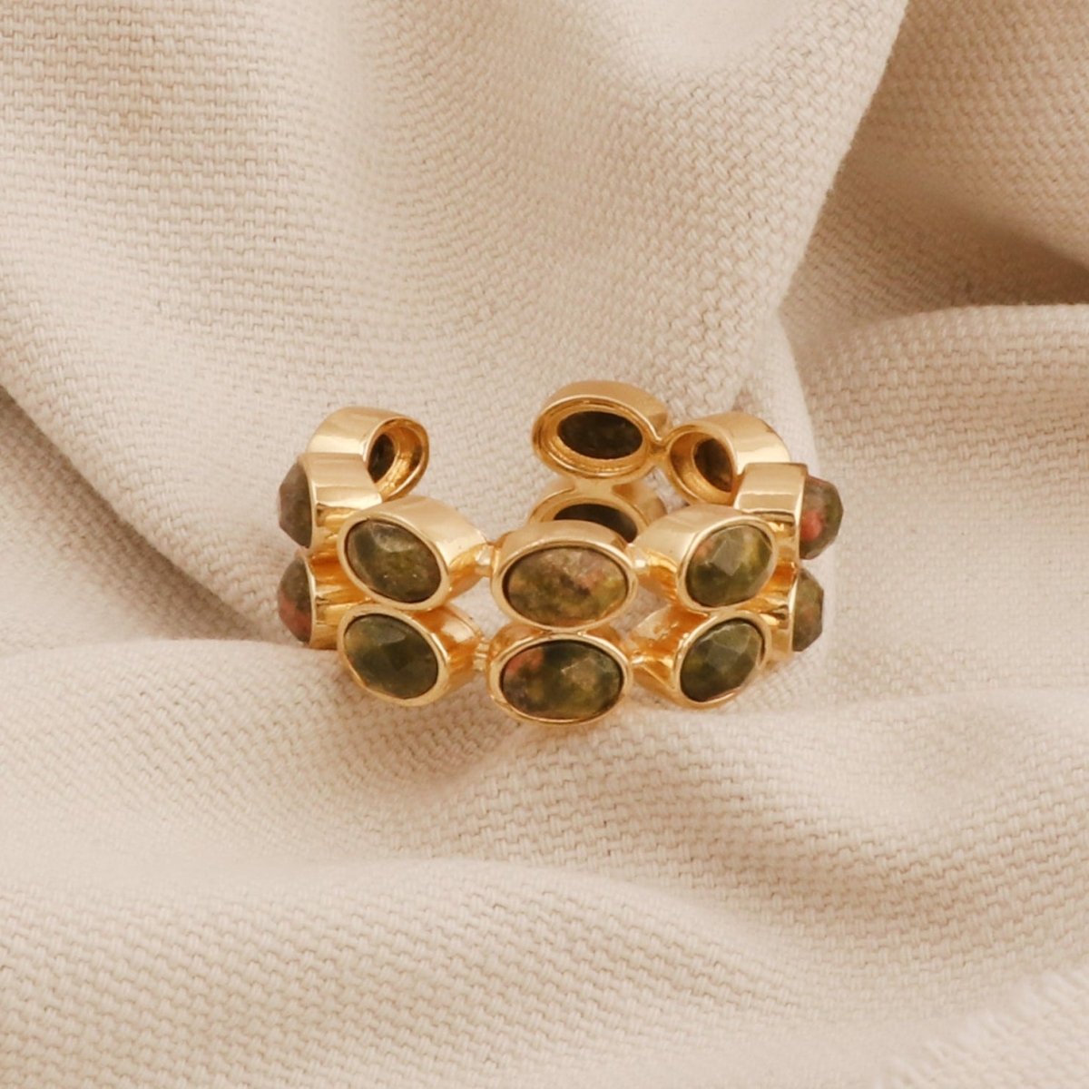 Unakite Jasper Gemstone Band Ring, Adjustable Bezel Set Jewelry CR - 1028