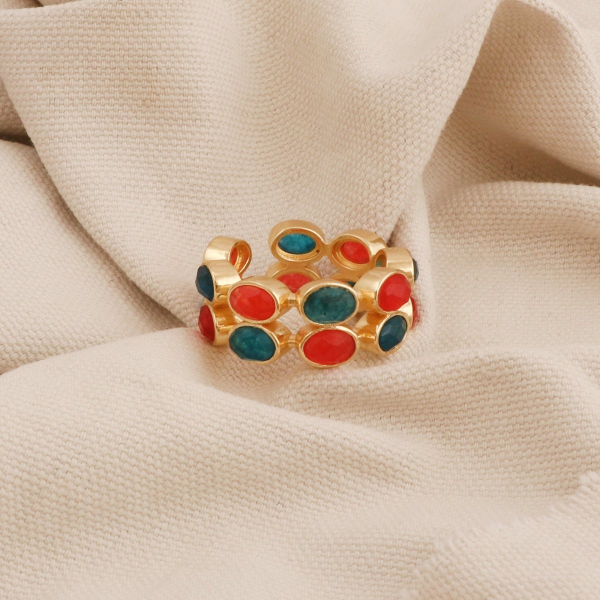 Unakite Jasper Gemstone Band Ring, Adjustable Bezel Set Jewelry CR - 1028