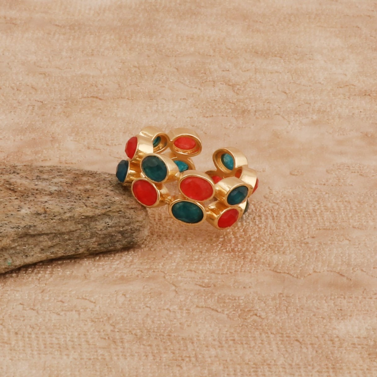 Unakite Jasper Gemstone Band Ring, Adjustable Bezel Set Jewelry CR - 1028