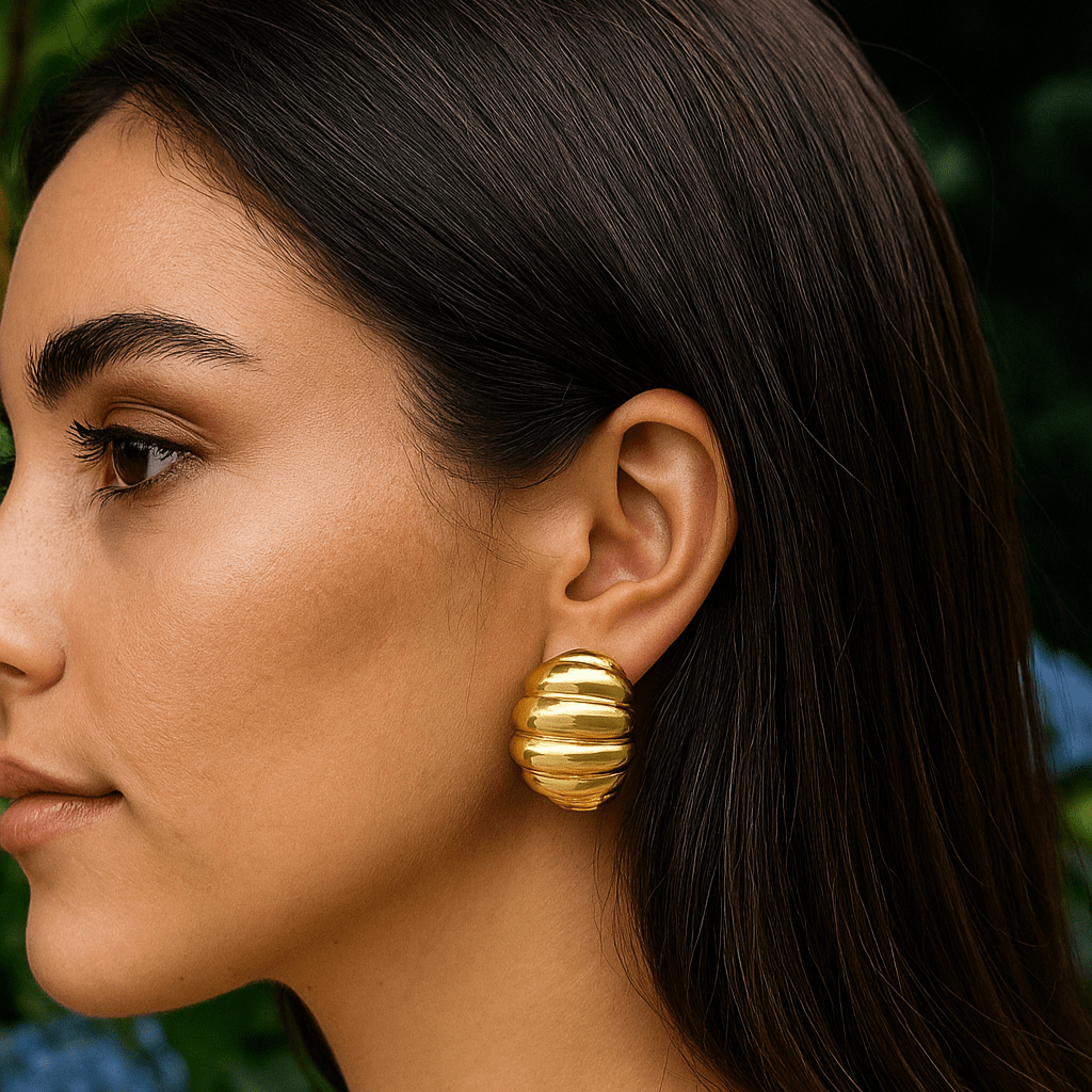 Vintage Inspired Chunky Gold Dome Stud Earrings Ribbed Statement Jewelry