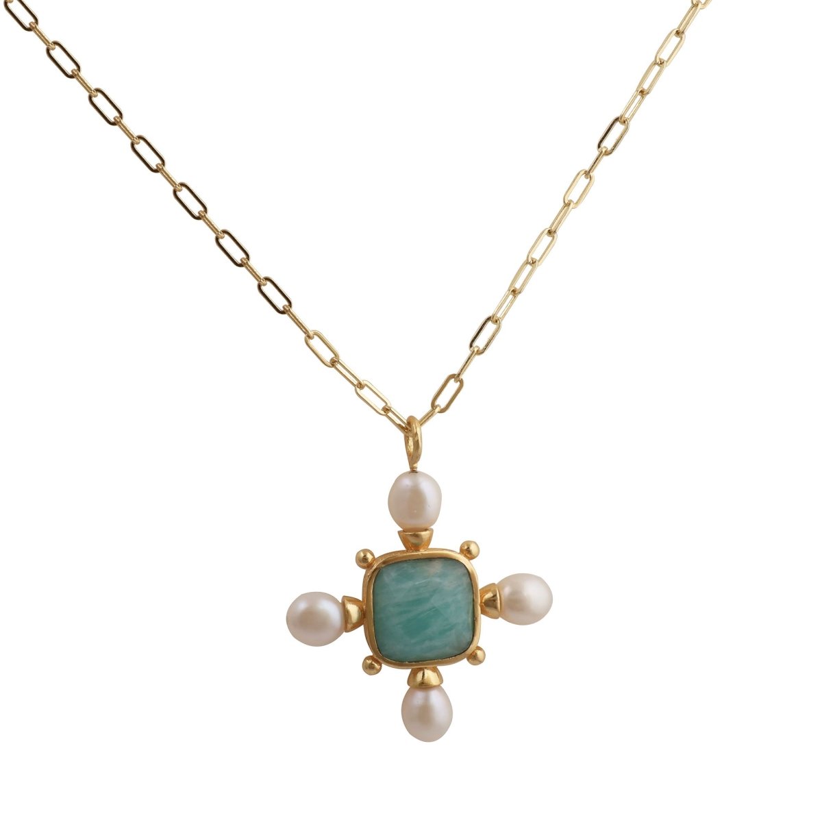 Vintage Rainbow Moonstone and Pearl Cushion Shape Necklace, Gold Plated Jewelry 5406
