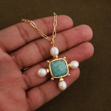 Vintage Rainbow Moonstone and Pearl Cushion Shape Necklace, Gold Plated Jewelry 5406