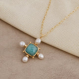 Vintage Rainbow Moonstone and Pearl Cushion Shape Necklace, Gold Plated Jewelry 5406
