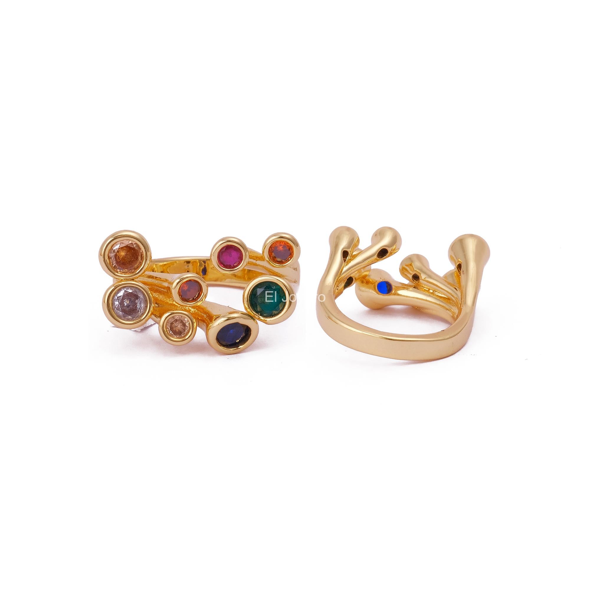 Emerald Quartz Stone Dainty Stackable Adjustable Promise Antique Ring Gold Plated