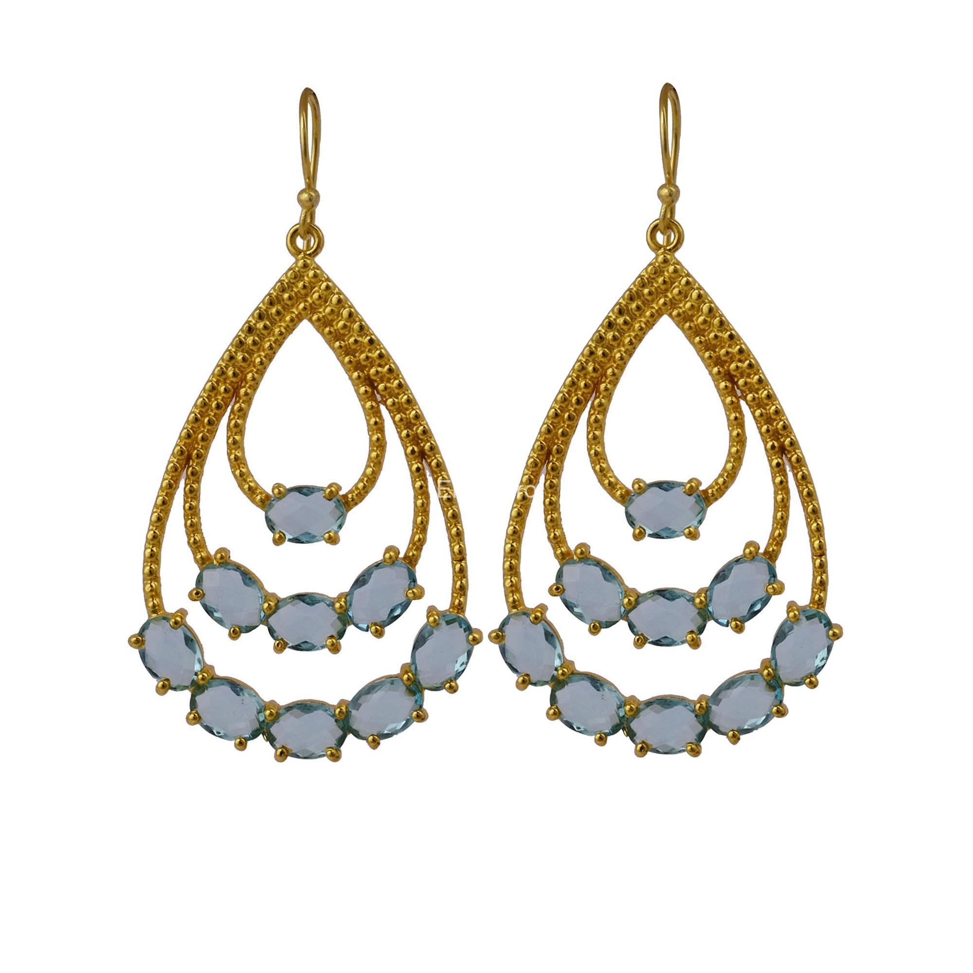 Apatite Stone Gold Plated Engagement Daughter Dangle Drop Prong Hook Earrings