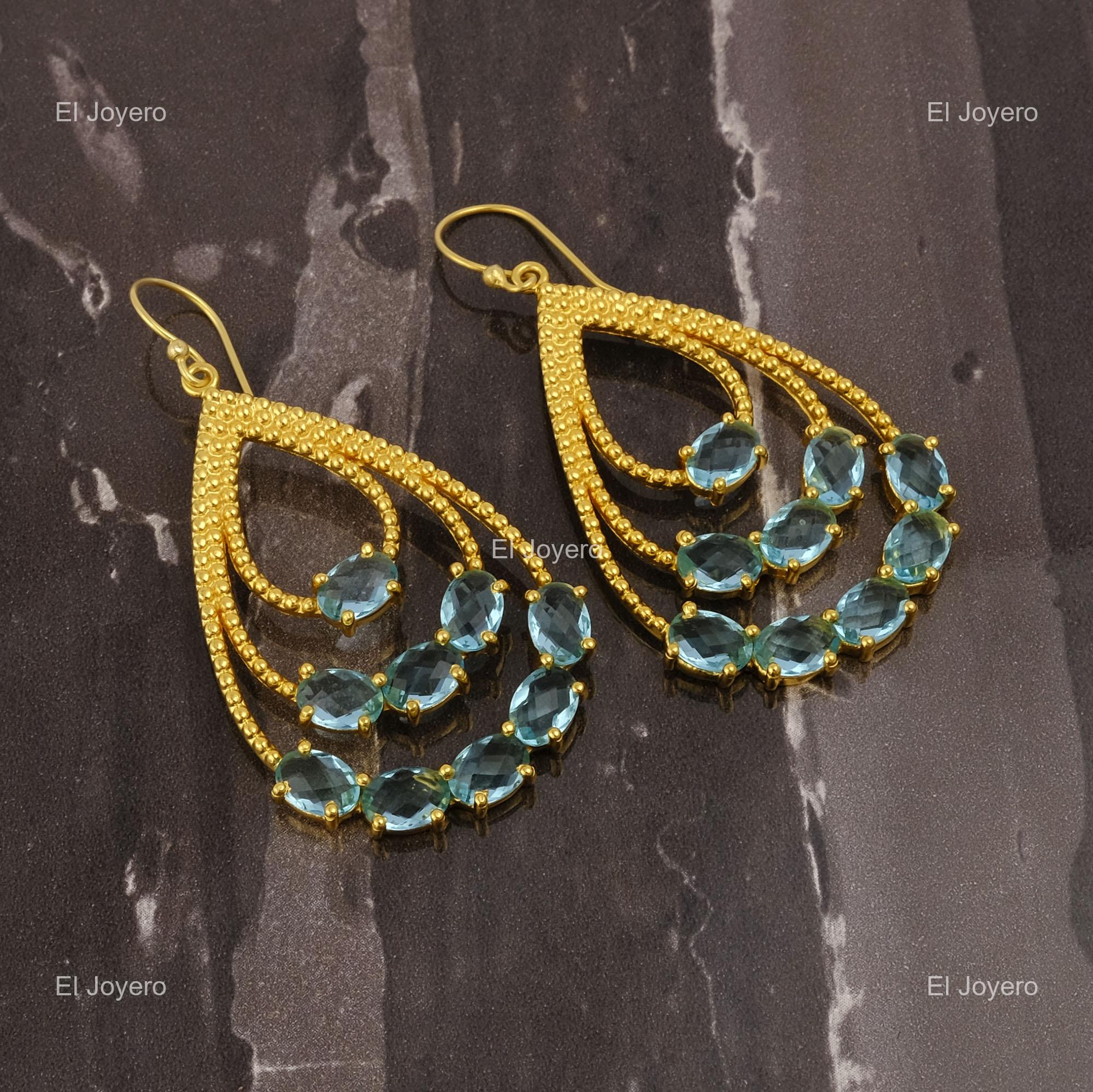 Apatite Stone Gold Plated Engagement Daughter Dangle Drop Prong Hook Earrings