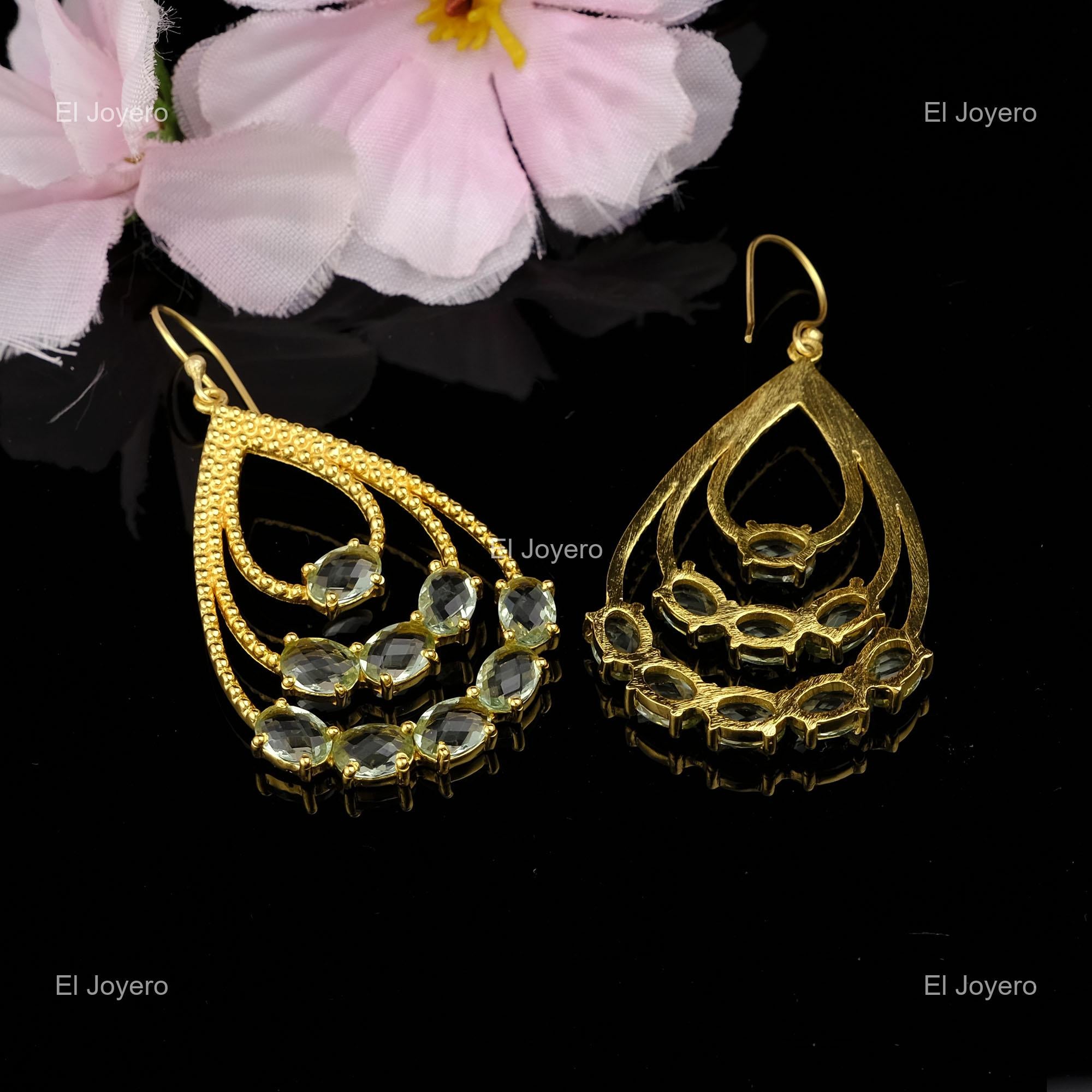 Apatite Stone Gold Plated Engagement Daughter Dangle Drop Prong Hook Earrings