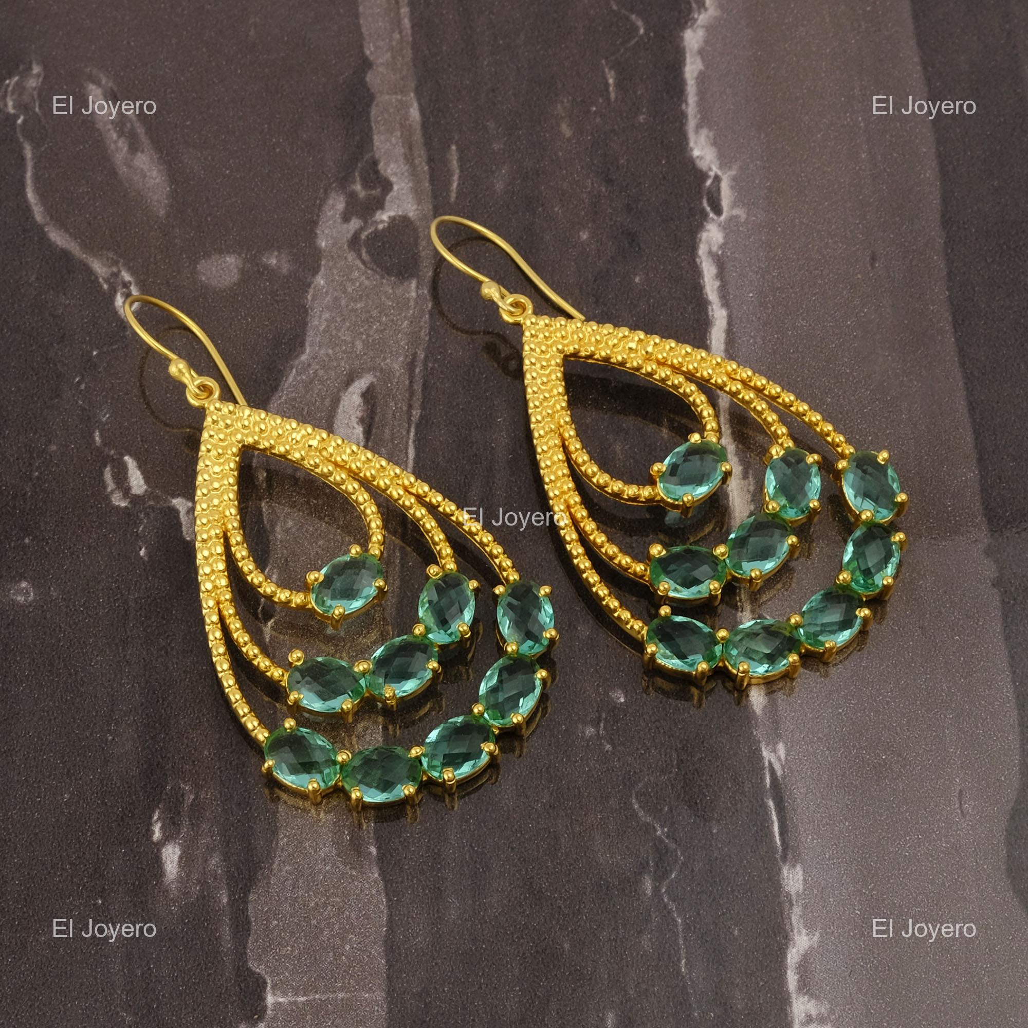 Apatite Stone Gold Plated Engagement Daughter Dangle Drop Prong Hook Earrings