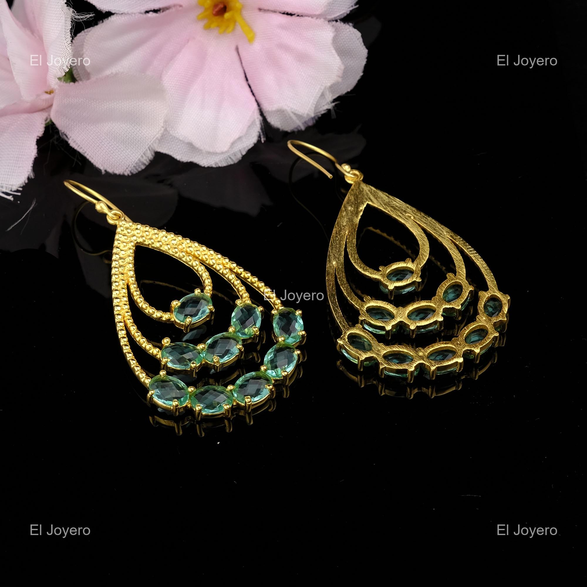 Apatite Stone Gold Plated Engagement Daughter Dangle Drop Prong Hook Earrings