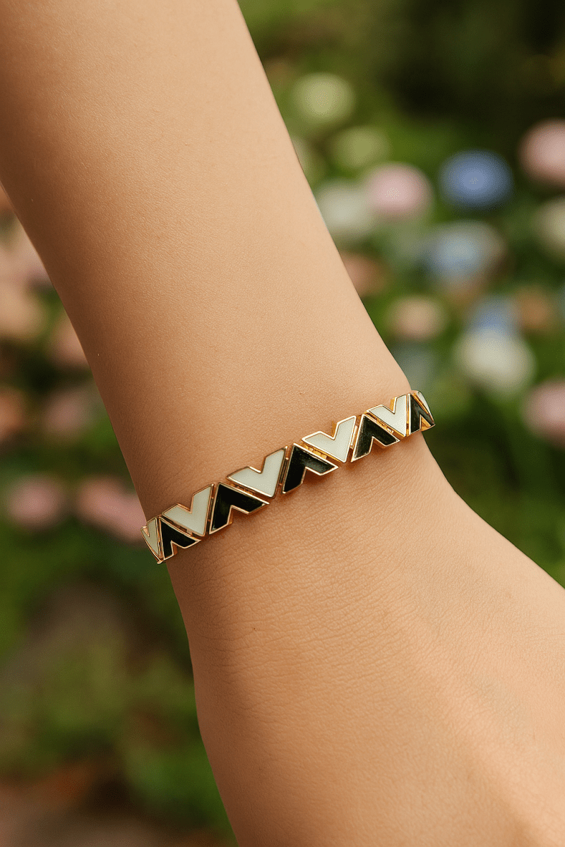 White And Black Enamel Bangle Adjustable Gold Plated Jewelry For Her