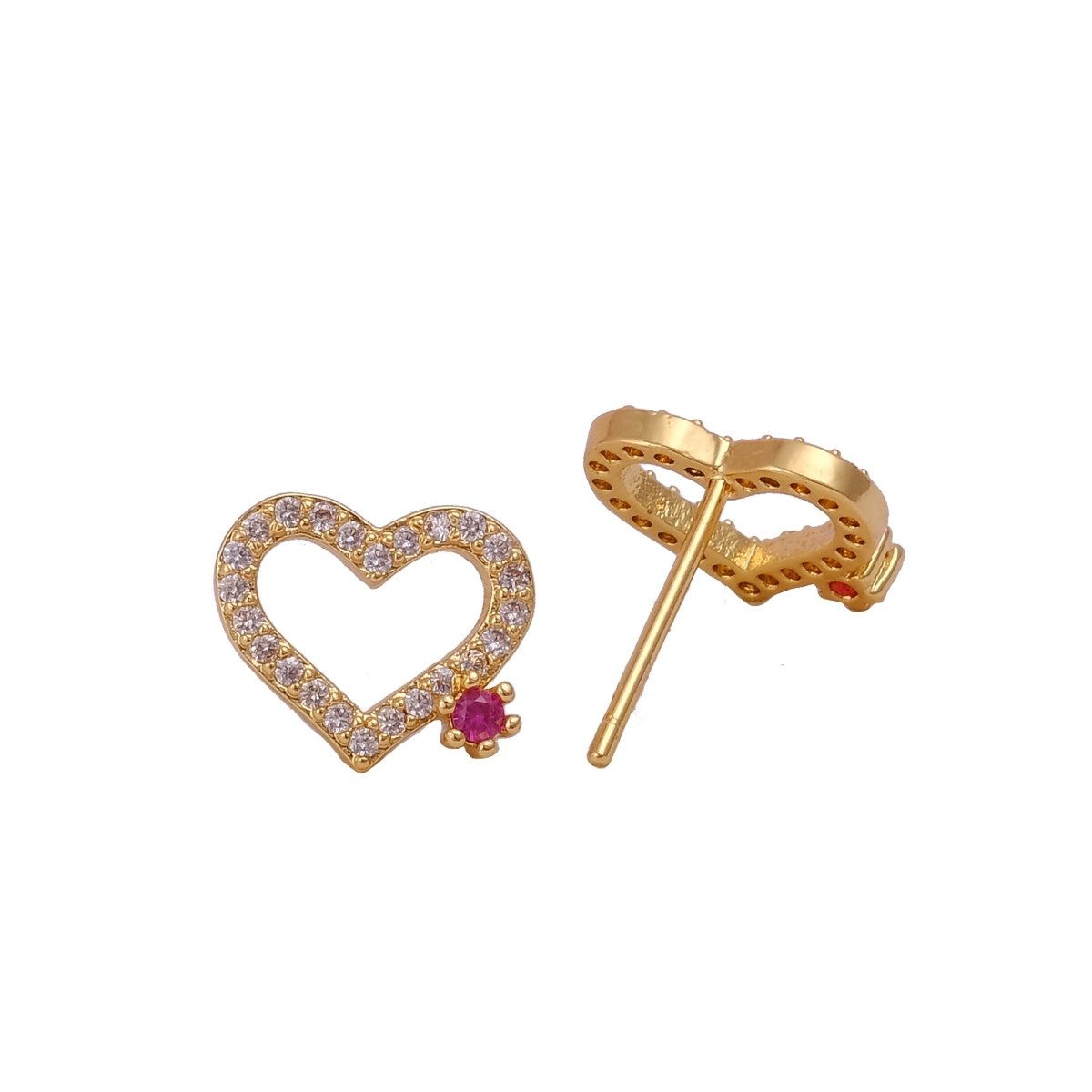 White and Red Cubic Zircon Gemstone Stud Earrings Elegant Heart Gold Plated Jewelry