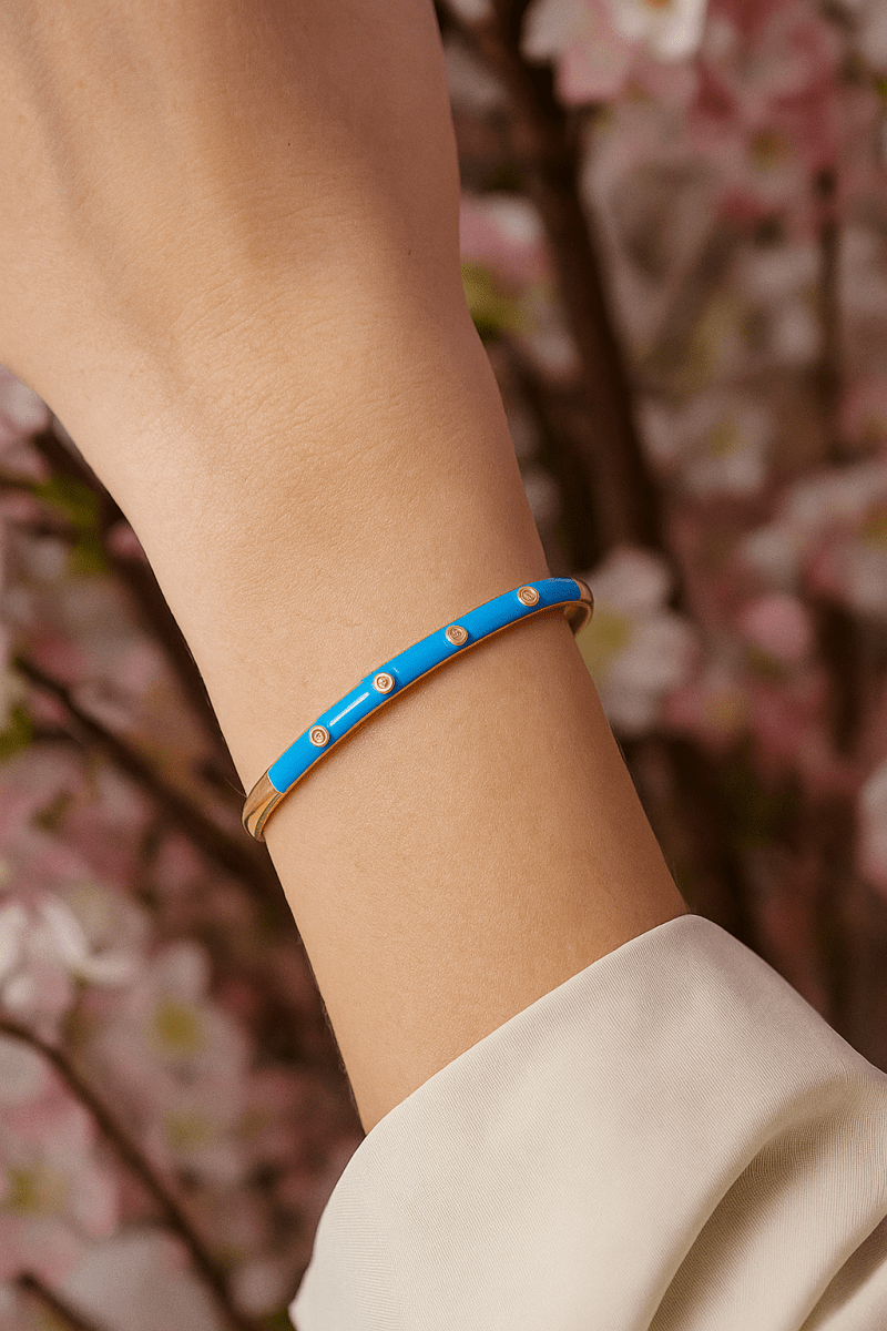 White Cubic Zircon Blue Enamel Bracelet Open Cuff Gold Plated Bangle