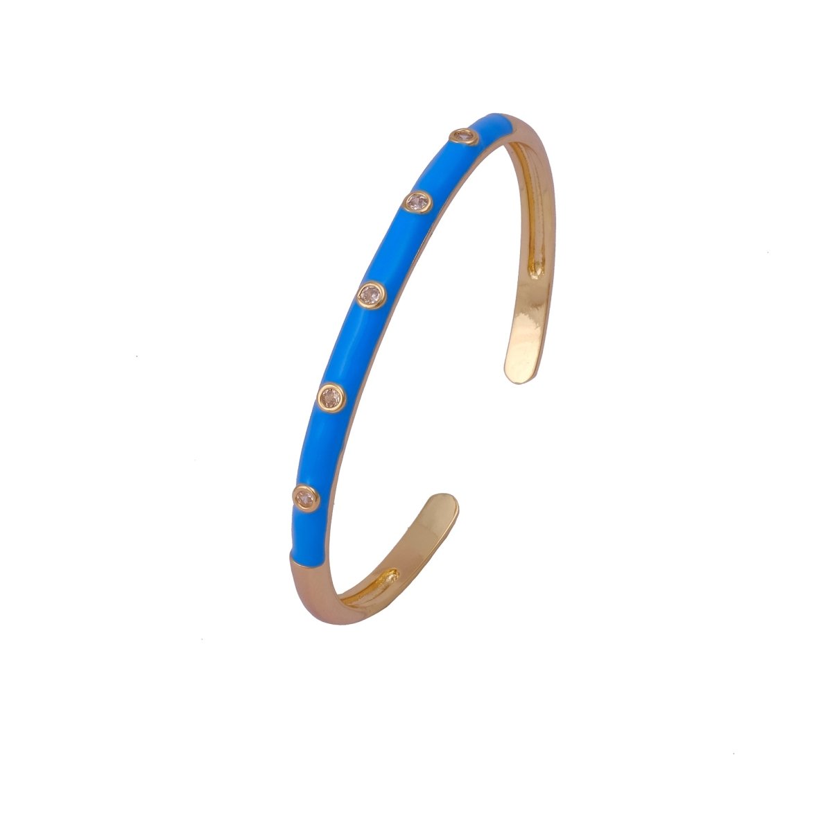 White Cubic Zircon Blue Enamel Bracelet Open Cuff Gold Plated Bangle