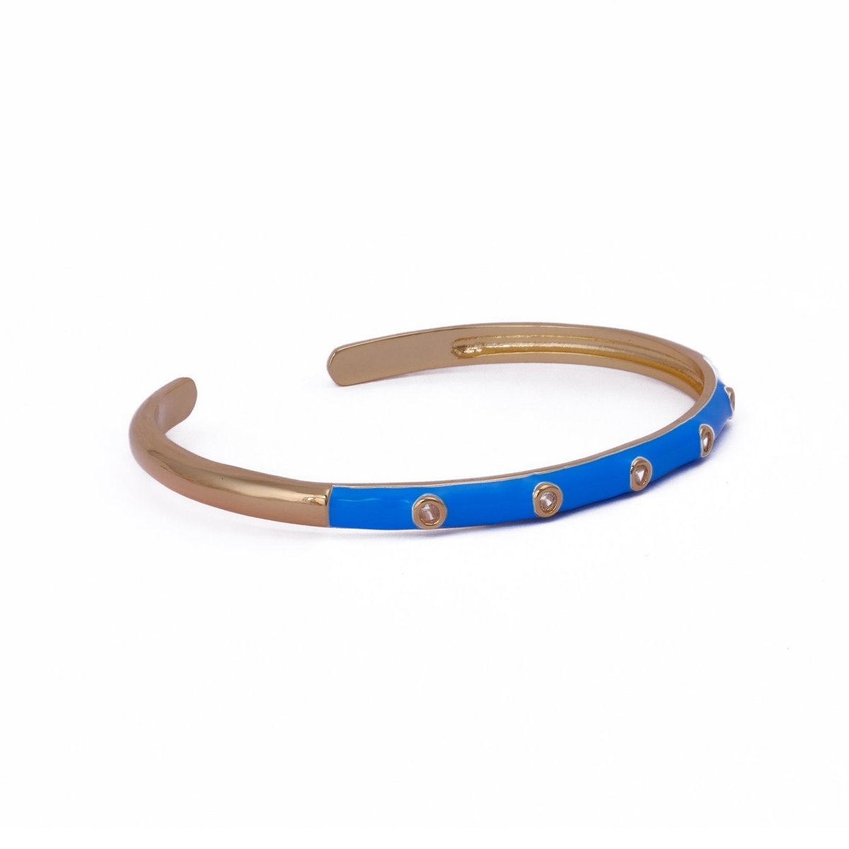 White Cubic Zircon Blue Enamel Bracelet Open Cuff Gold Plated Bangle