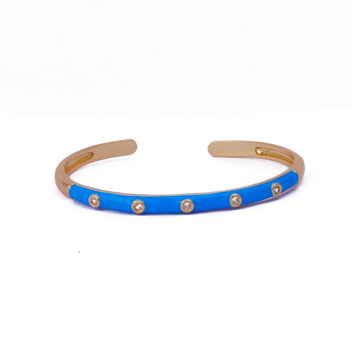 White Cubic Zircon Blue Enamel Bracelet Open Cuff Gold Plated Bangle