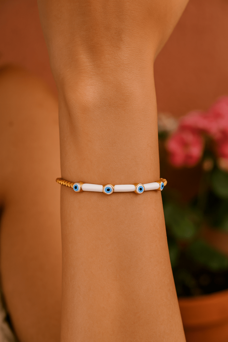 White Enamel Evil Eye Bangle Adjustable Open Cuff Bangle Gold Plated Jewelry