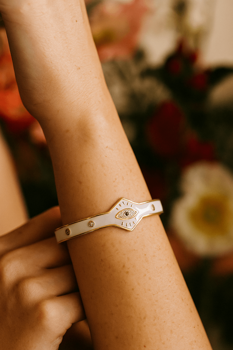 White Enamel Evil Eye Bangle Handmade Adjustable Bangle Gold Plated Jewelry