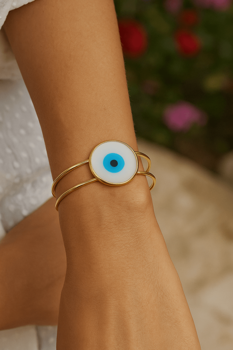 White Enameled Evil Eye Bangle Aesthetic Adjustable Gold Plated Jewelry