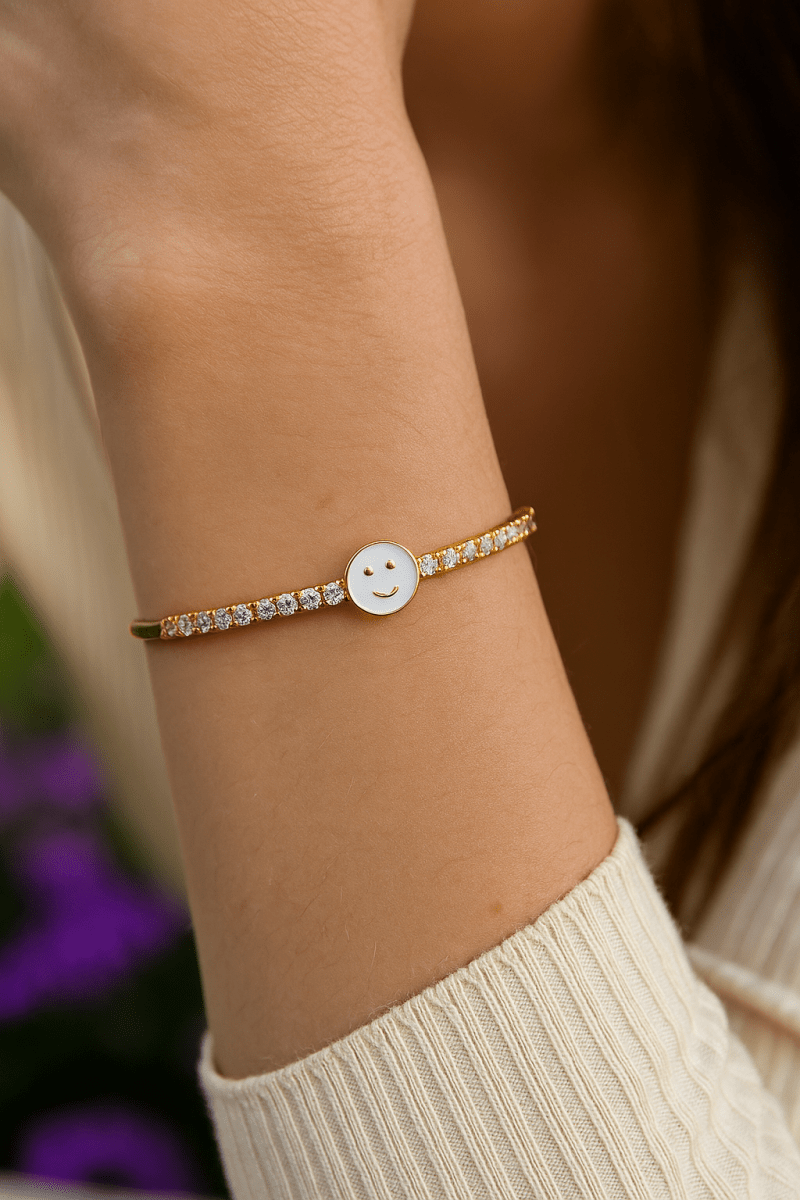 White Enameled With CZ Gemstone Bangle Adjustable Gold Plated Jewelry