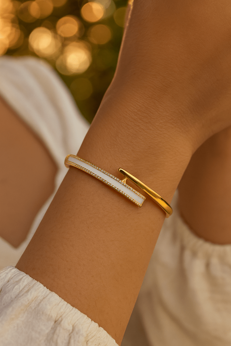 White Enameled With CZ Gemstone Bangle Aesthetic Gold Plated Jewelry