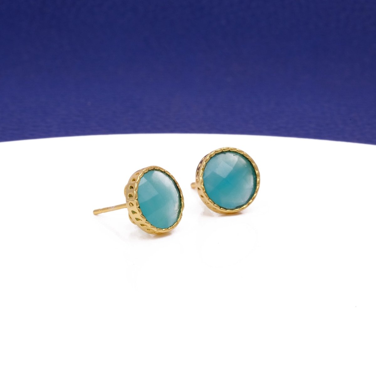 White Opalite Gemstone Earrings Studs, Round Shape Faceted Cut, Gemstone Studs Earrings Aqua Chalcedony