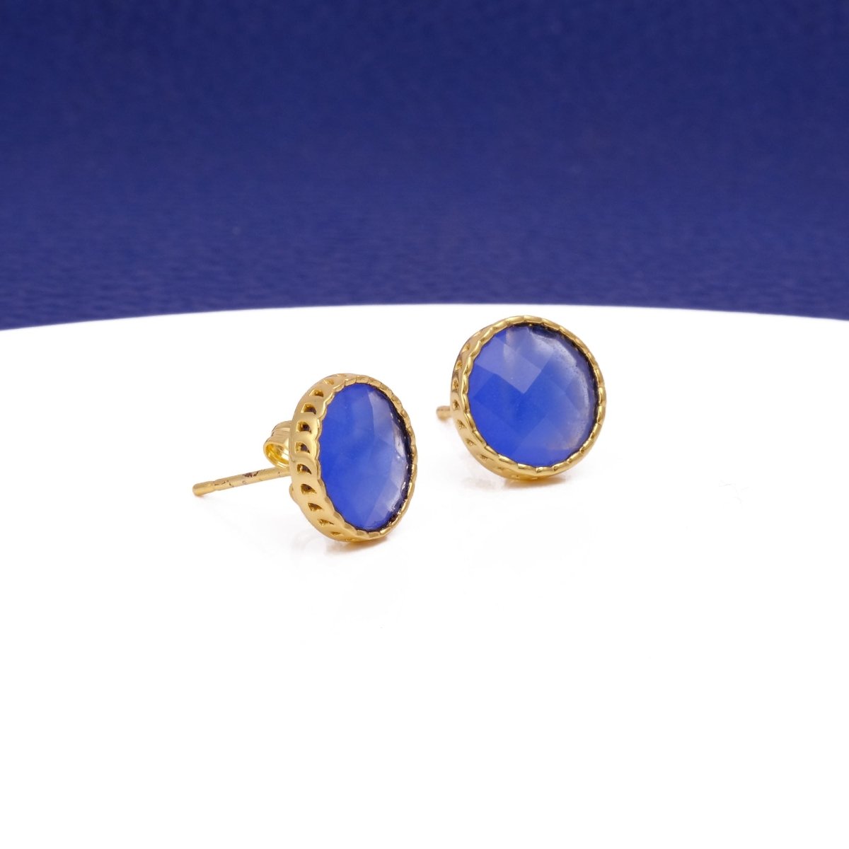 White Opalite Gemstone Earrings Studs, Round Shape Faceted Cut, Gemstone Studs Earrings Ink Blue Chalcedony