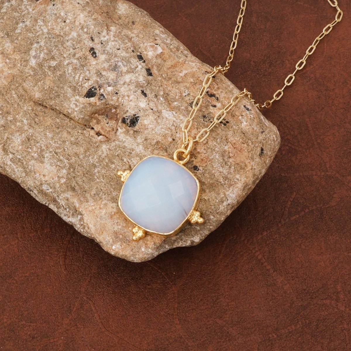 White Opalite Gemstone Necklace for Women, Dainty Gold Plated Chain Necklace 5414