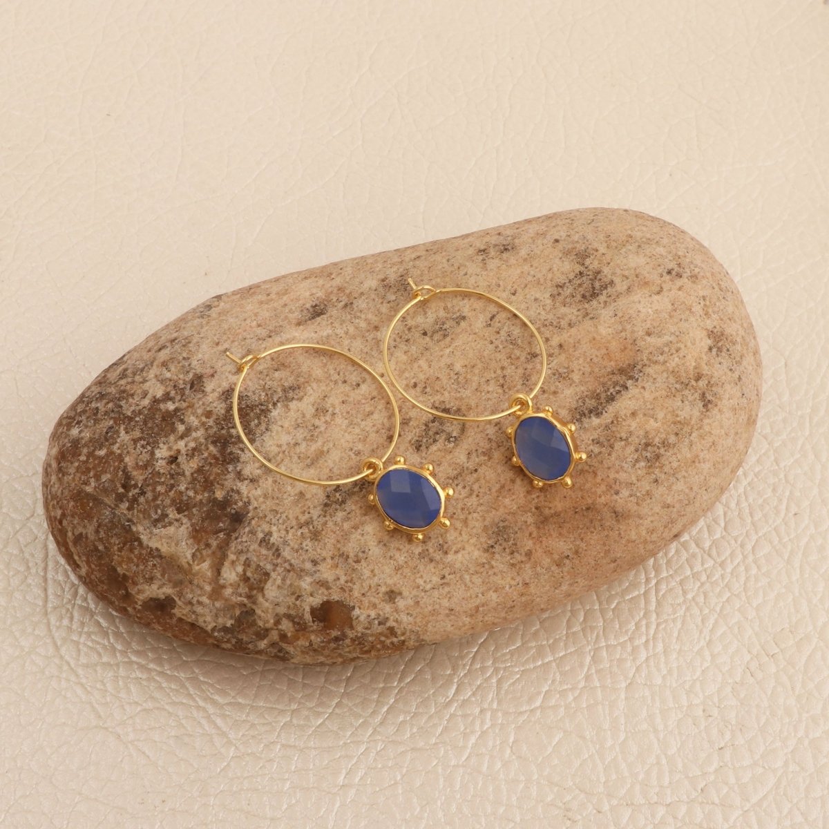 White Opalite Oval Faceted Hoop Earrings, Gold Plated Birthstone Jewelry 5275