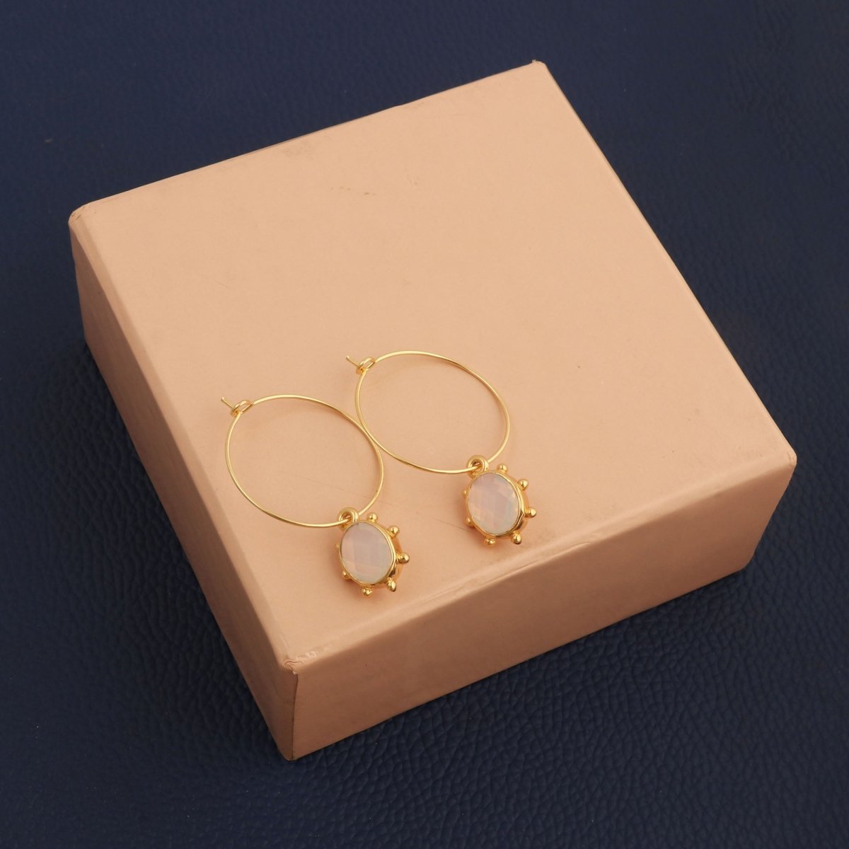 White Opalite Oval Faceted Hoop Earrings, Gold Plated Birthstone Jewelry 5275