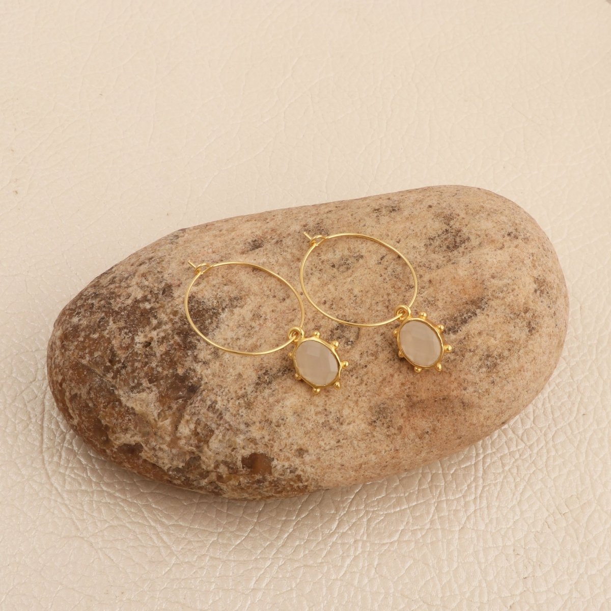 White Opalite Oval Faceted Hoop Earrings, Gold Plated Birthstone Jewelry 5275