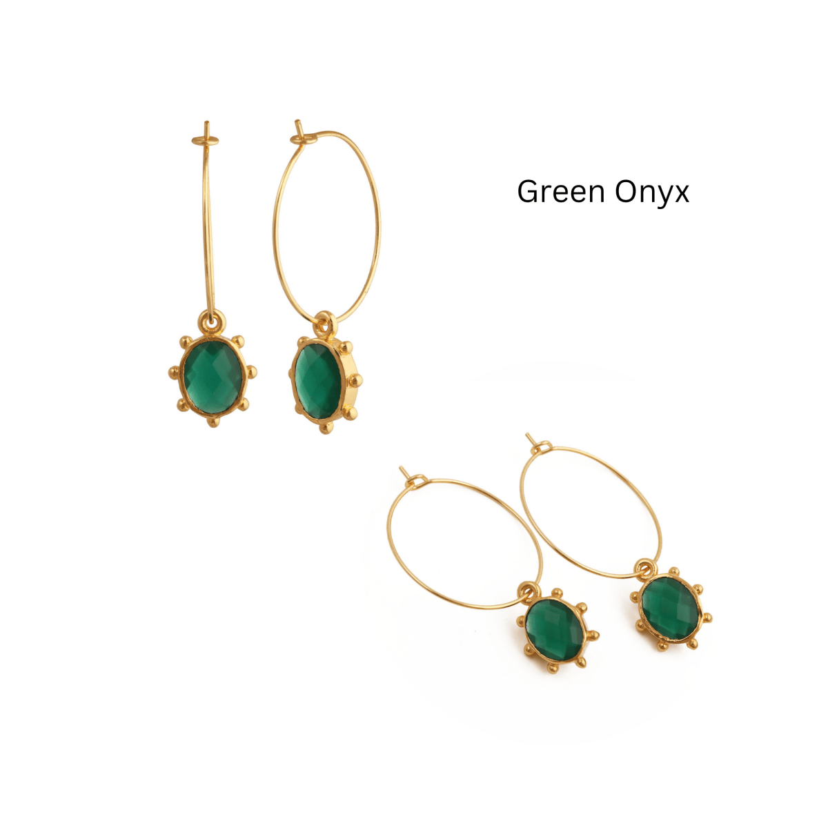 White Opalite Oval Faceted Hoop Earrings, Gold Plated Birthstone Jewelry 5275 Green Onyx