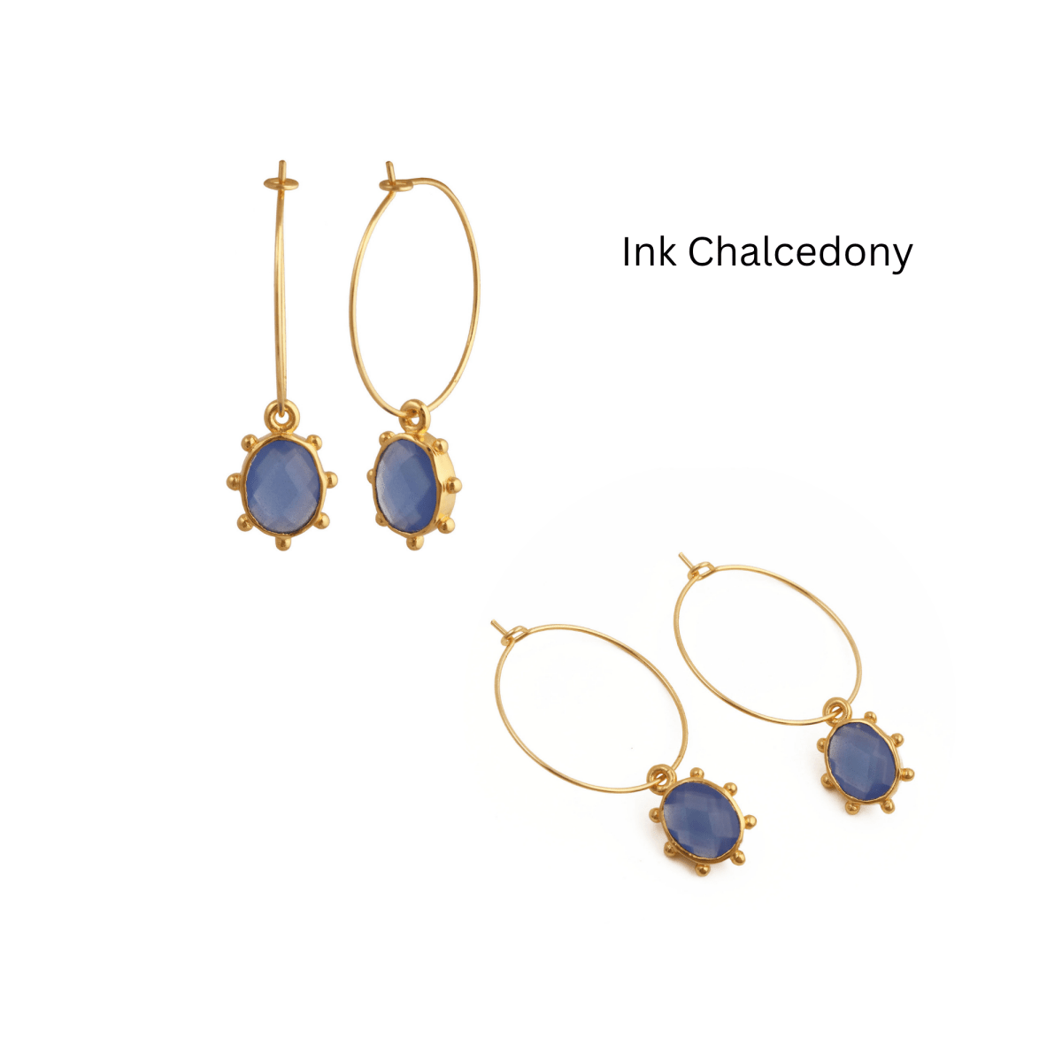 White Opalite Oval Faceted Hoop Earrings, Gold Plated Birthstone Jewelry 5275 Ink Blue Chalcedony