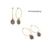 White Opalite Oval Faceted Hoop Earrings, Gold Plated Birthstone Jewelry 5275 Ink Blue Chalcedony